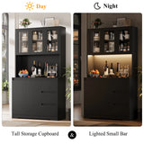 Getone Kitchen Buffet with LED, Kitchen wardrobe Buffet wardrobe with 3 Drawer sockets Bar Adjustable Shelf 100x38.5x180cm
