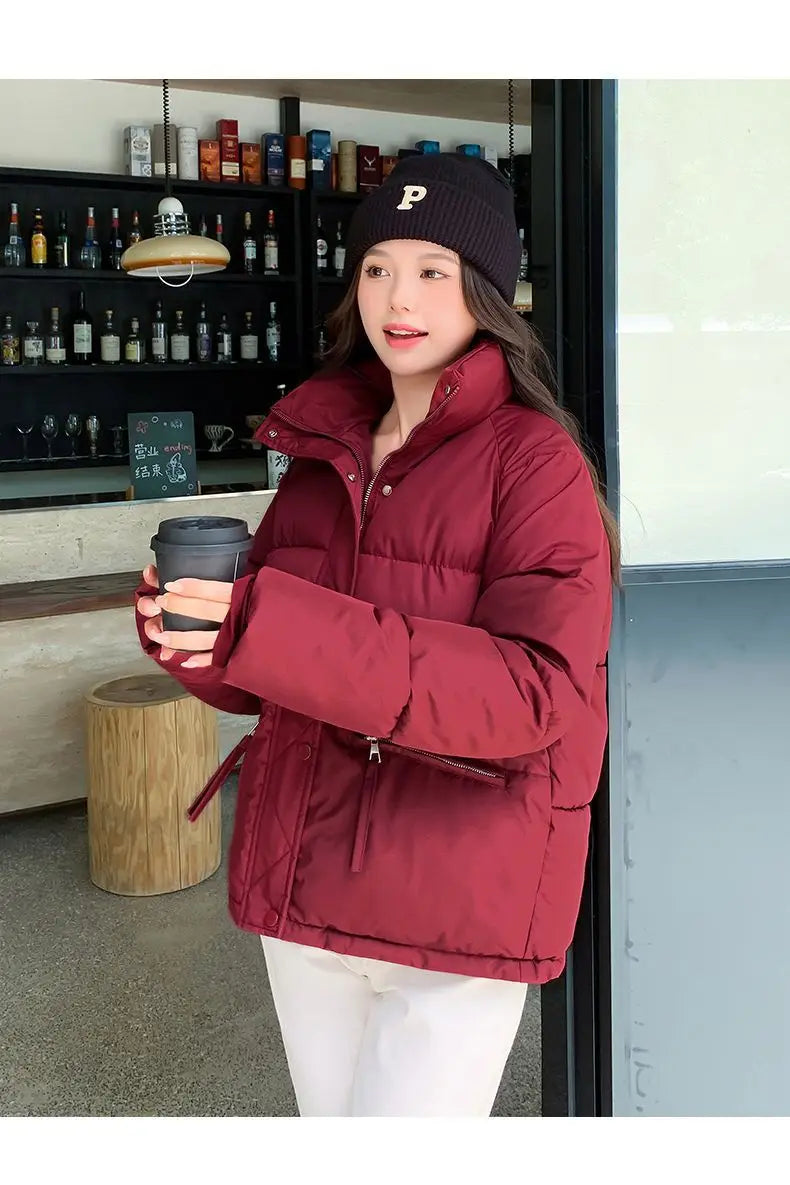 Women’s Short Standing Collar Puffer Jacket – Winter Warm Cotton-Padded Down Coat Fashion Bakery Parka Outerwear