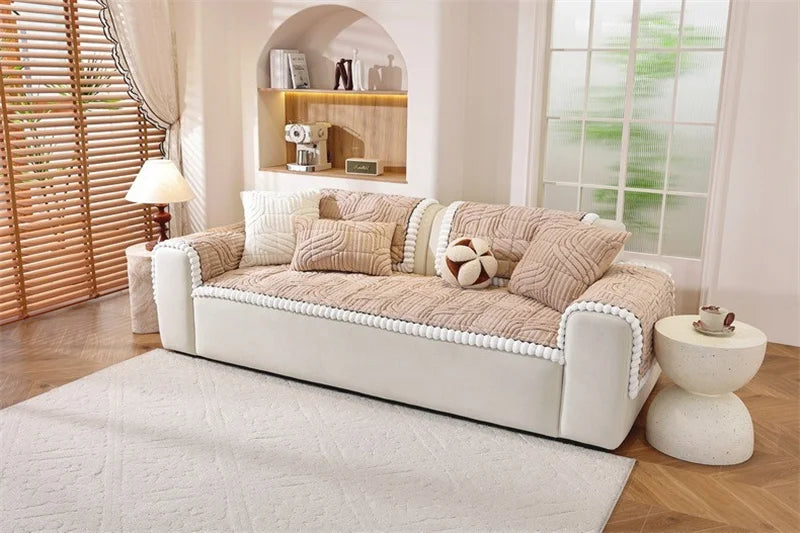 Thicken Plush Sofa Cover Winter Warm Non-slip Straight Couch Cushion Protector Cream Style Couch Slipcovers for Living Room