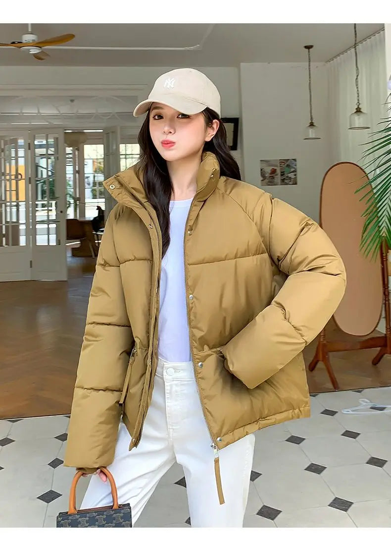 Women’s Short Standing Collar Puffer Jacket – Winter Warm Cotton-Padded Down Coat Fashion Bakery Parka Outerwear