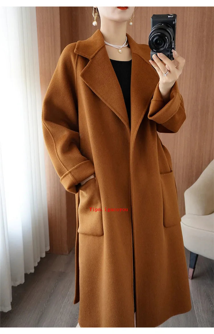 100% Pure Wool Double-Sided Cashmere Coat Women Winter New Mid-Length Loose Fashion Pockets Woolen Jacket Female Overcoat B551