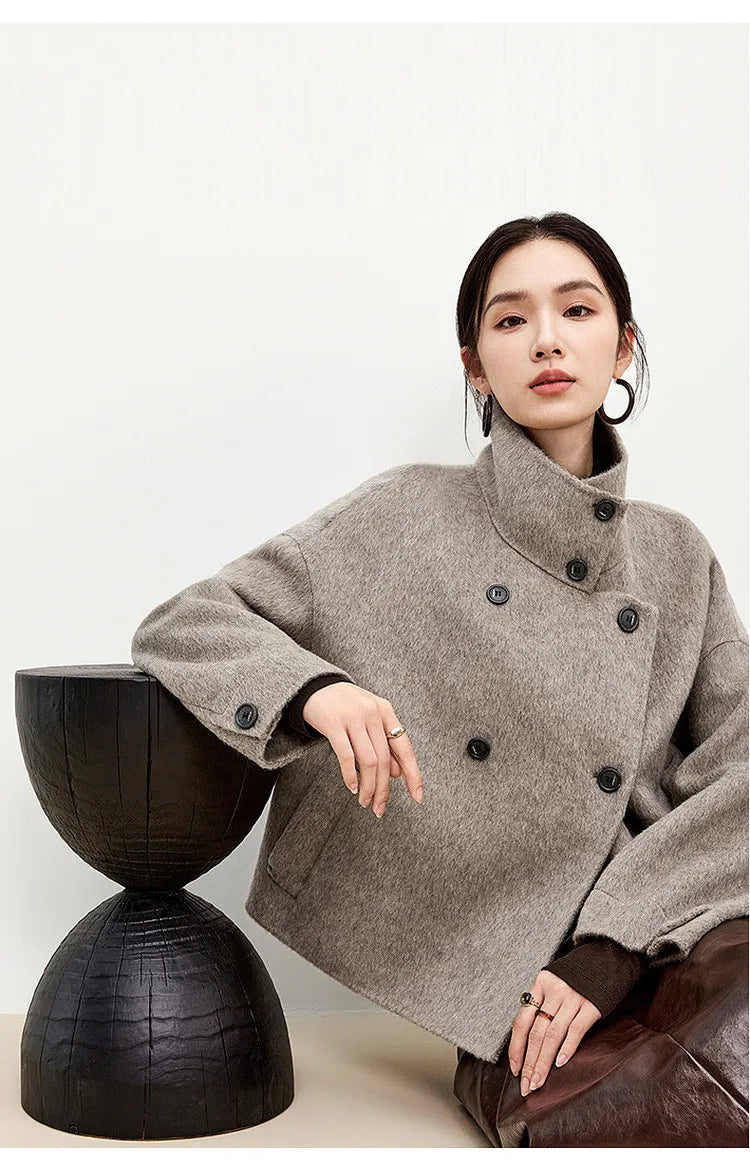 SENTUBILA 100% Wool Coat For Women Winter Jackets 2025 Stand Turtleneck Double Sided Short Outerwears Female Clothes