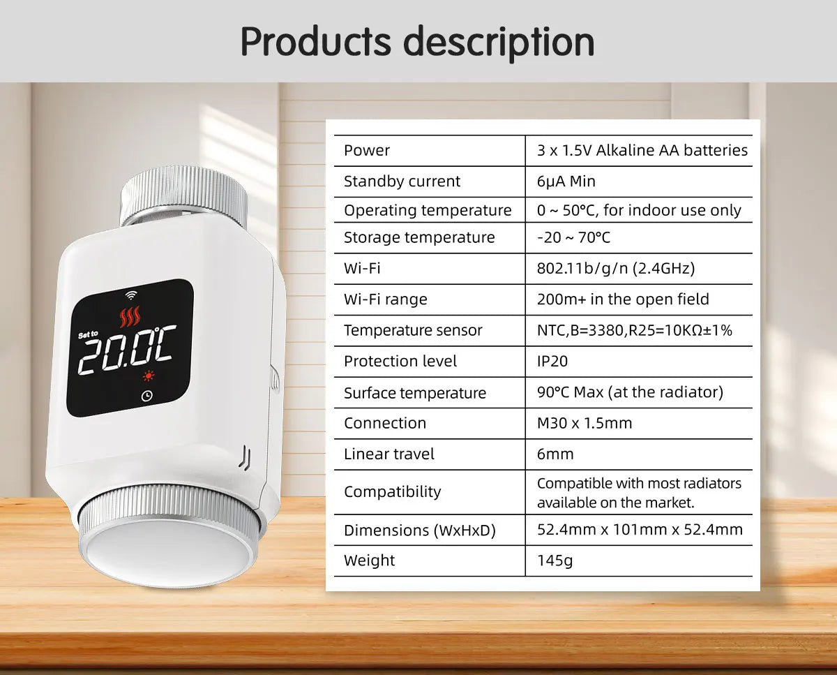 Tuya Smart WiFi Thermostatic Radiator Valve (TRV) – Programmable Temperature Controller with APP Remote Control, Compatible with Alexa & Google Home
