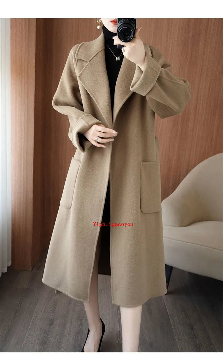 100% Pure Wool Double-Sided Cashmere Coat Women Winter New Mid-Length Loose Fashion Pockets Woolen Jacket Female Overcoat B551