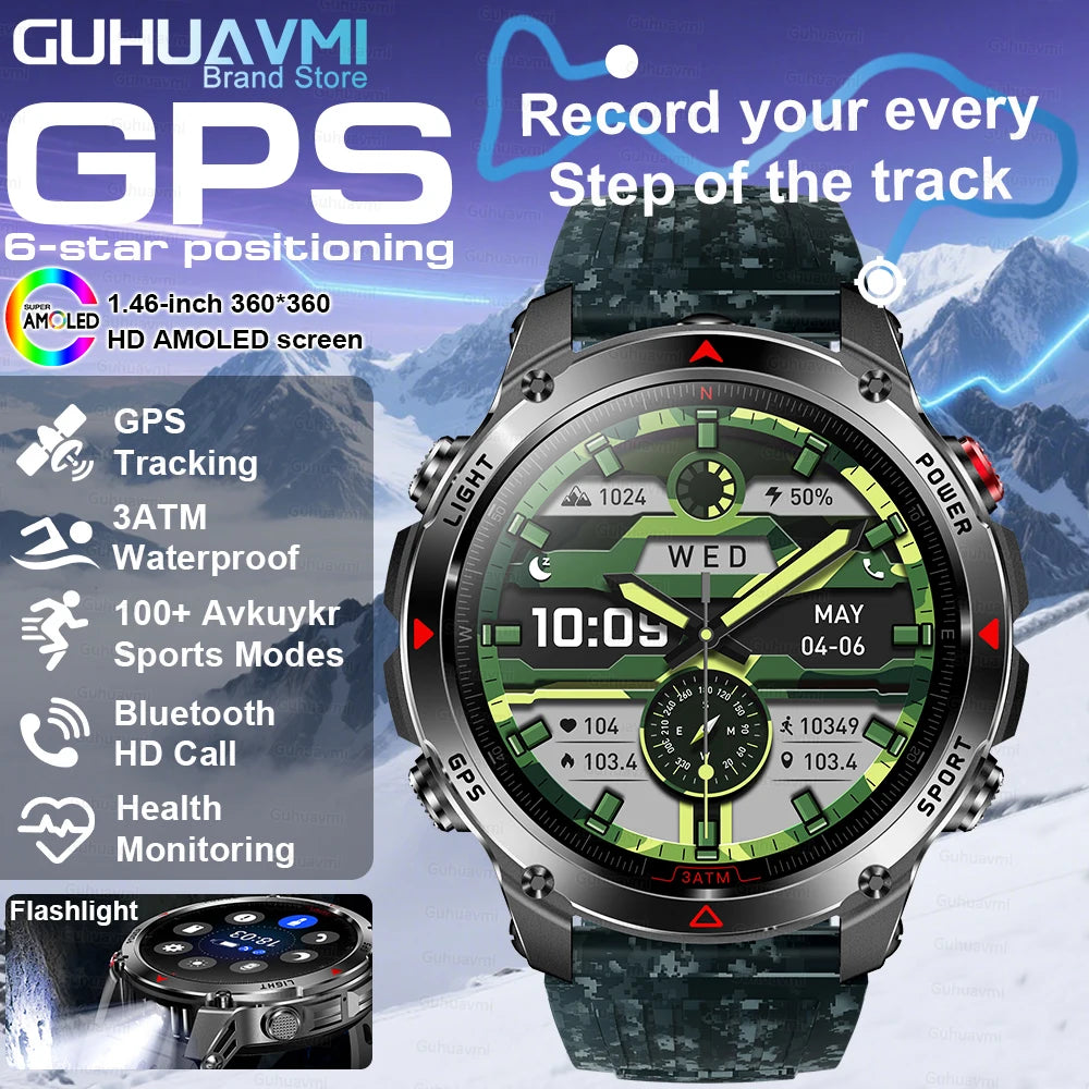 2025 Outdoor Military Smart Watch – Built-in GPS, Compass, Altimeter, Barometer, 3ATM Waterproof Rugged AMOLED Smartwatch with Bluetooth Call