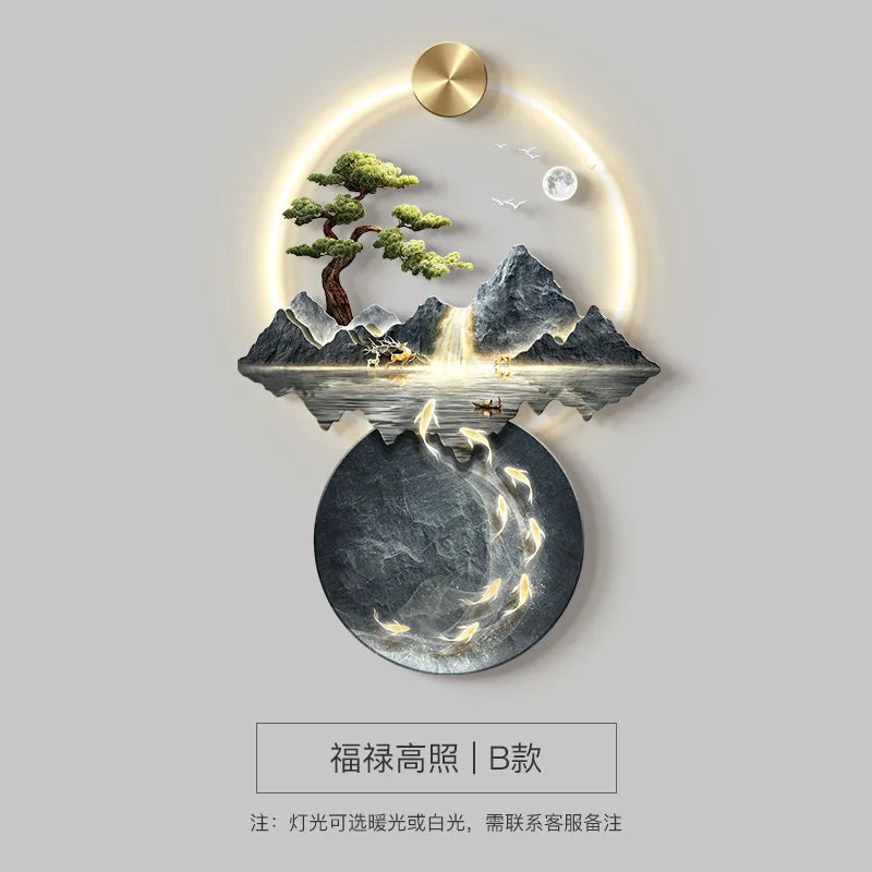 Background Landscape Painting Wall Lamp Chinese Creative Living Room LED Decor Light Corridor Remote Control Lighting Wall Lamps