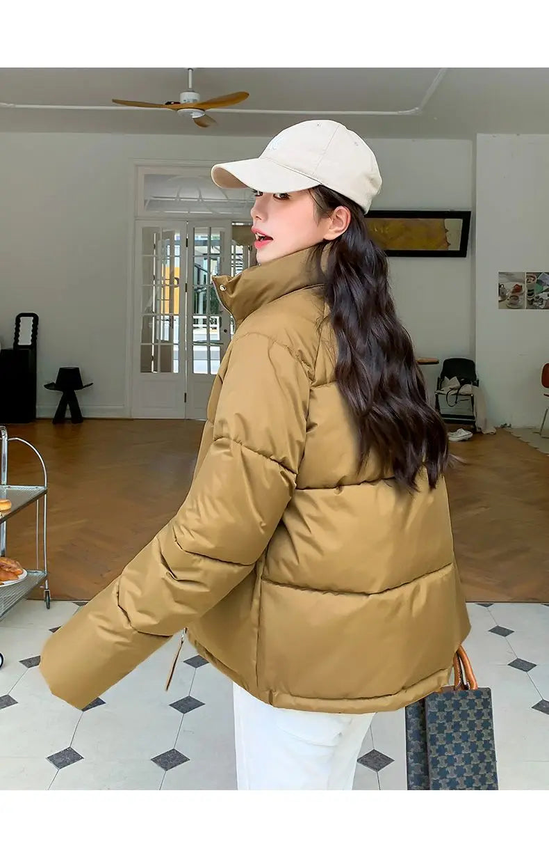 Women’s Short Standing Collar Puffer Jacket – Winter Warm Cotton-Padded Down Coat Fashion Bakery Parka Outerwear