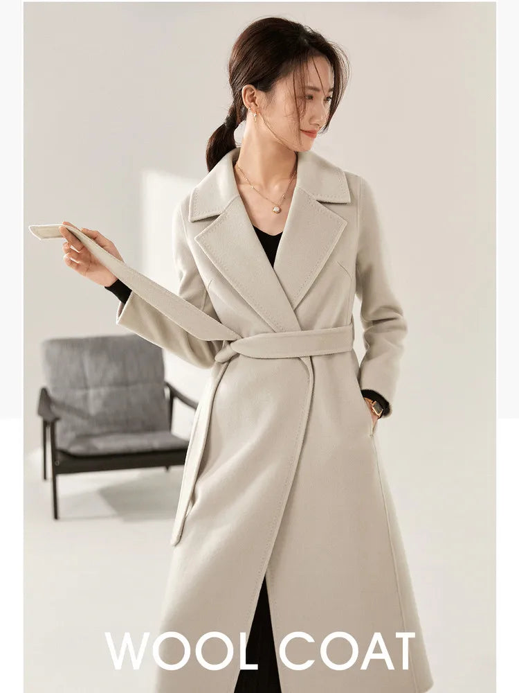 SENTUBILA Women 100% Wool Long Wrap Coat 2025 Elegant Notched Collar Belted Warm Double Faced Woolen Winter Overcoat W24O43352