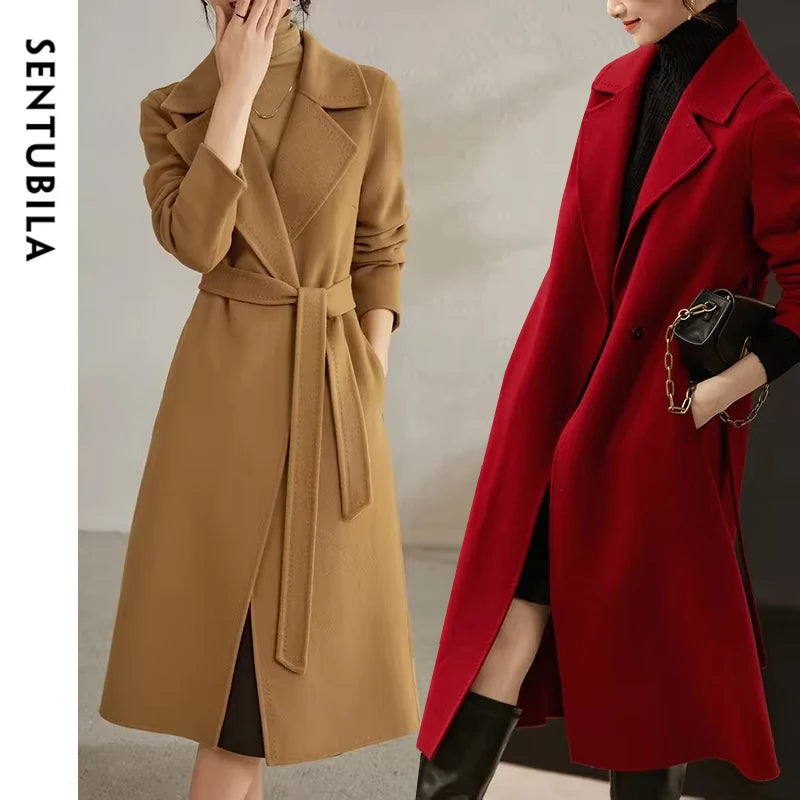 SENTUBILA Women 100% Wool Long Wrap Coat 2025 Elegant Notched Collar Belted Warm Double Faced Woolen Winter Overcoat W24O43352