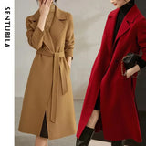 SENTUBILA Women 100% Wool Long Wrap Coat 2025 Elegant Notched Collar Belted Warm Double Faced Woolen Winter Overcoat W24O43352