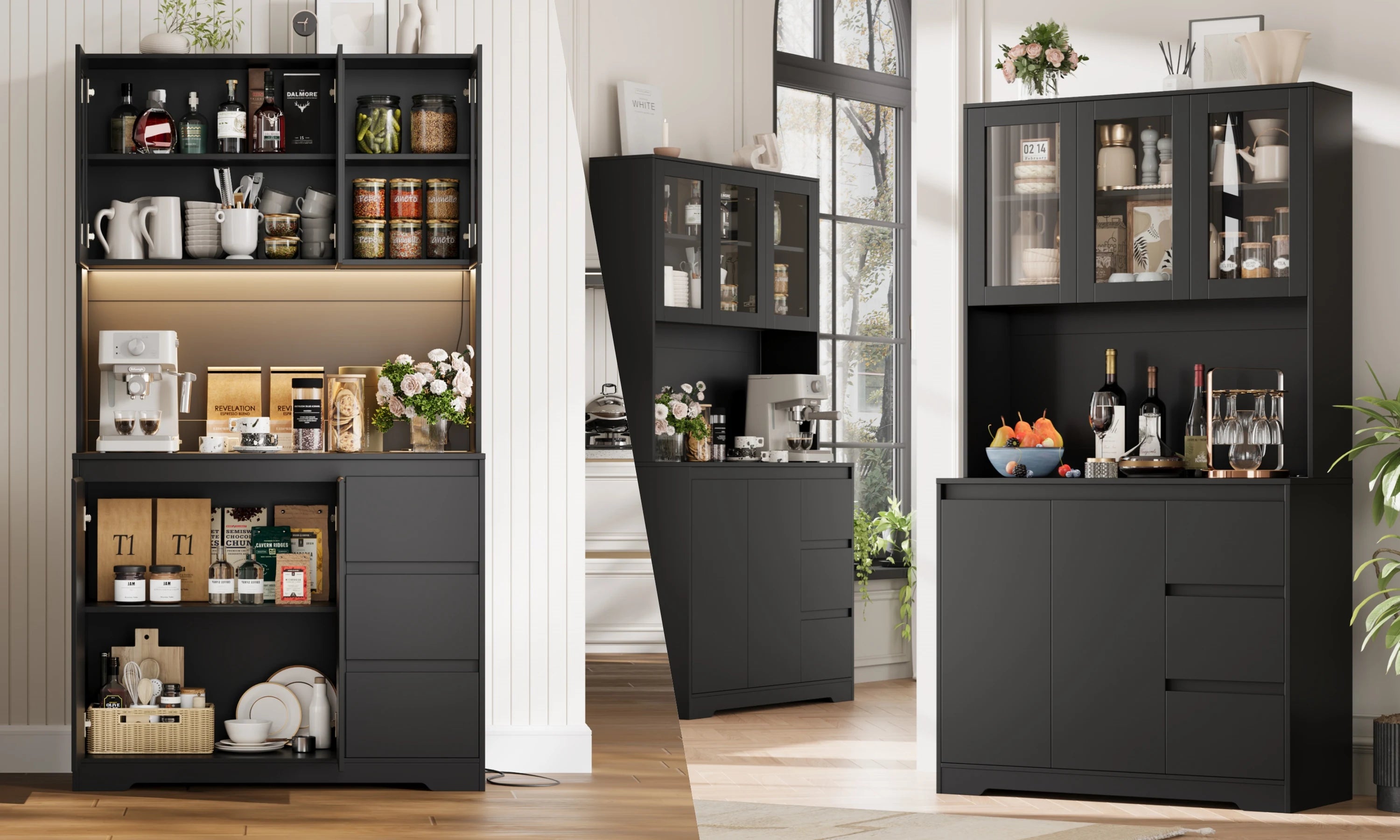 Getone Kitchen Buffet with LED, Kitchen wardrobe Buffet wardrobe with 3 Drawer sockets Bar Adjustable Shelf 100x38.5x180cm