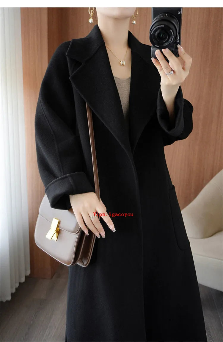 100% Pure Wool Double-Sided Cashmere Coat Women Winter New Mid-Length Loose Fashion Pockets Woolen Jacket Female Overcoat B551