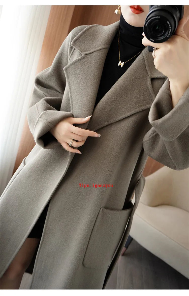 100% Pure Wool Double-Sided Cashmere Coat Women Winter New Mid-Length Loose Fashion Pockets Woolen Jacket Female Overcoat B551