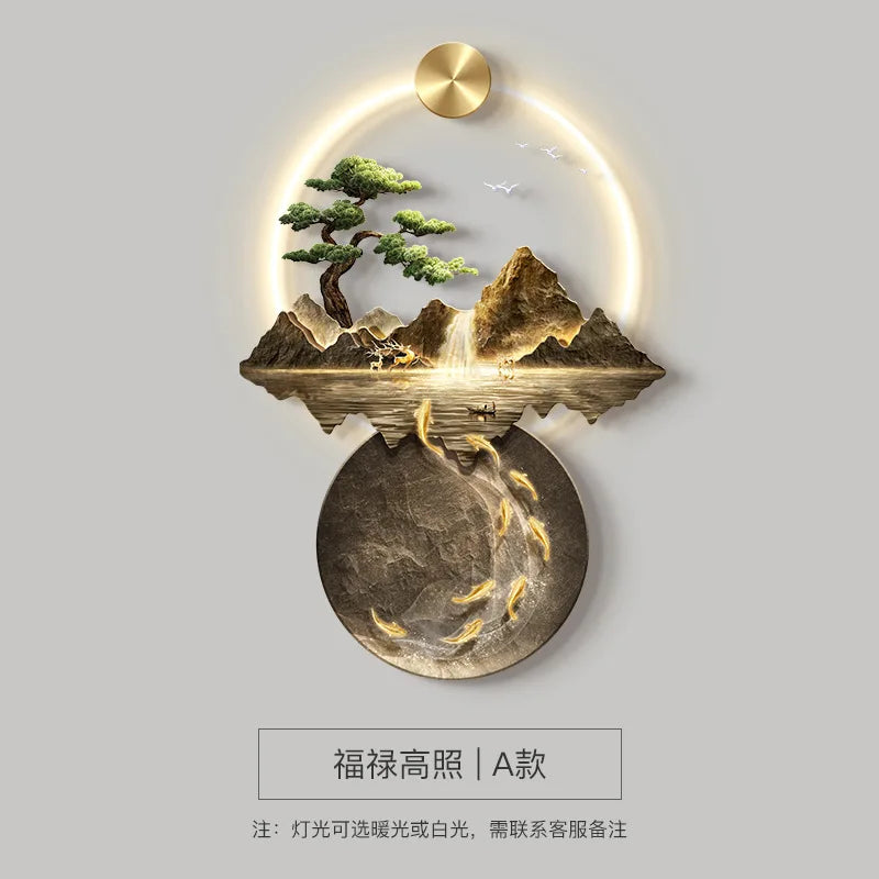 Background Landscape Painting Wall Lamp Chinese Creative Living Room LED Decor Light Corridor Remote Control Lighting Wall Lamps