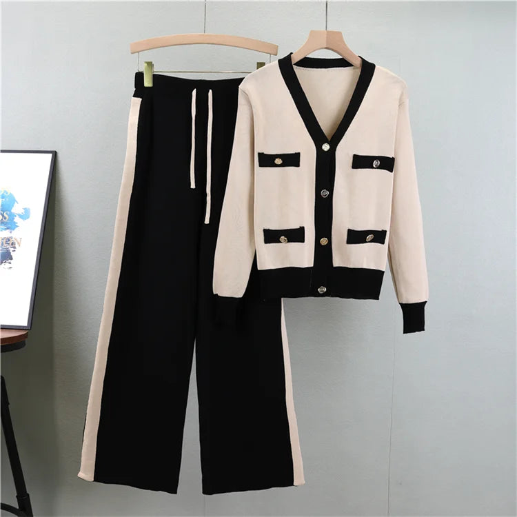 Women’s Knitted 2-Piece Sweater Set – Soft V-Neck Cardigan & Wide-Leg Pants Autumn Winter Outfit