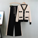 Women’s Knitted 2-Piece Sweater Set – Soft V-Neck Cardigan & Wide-Leg Pants Autumn Winter Outfit
