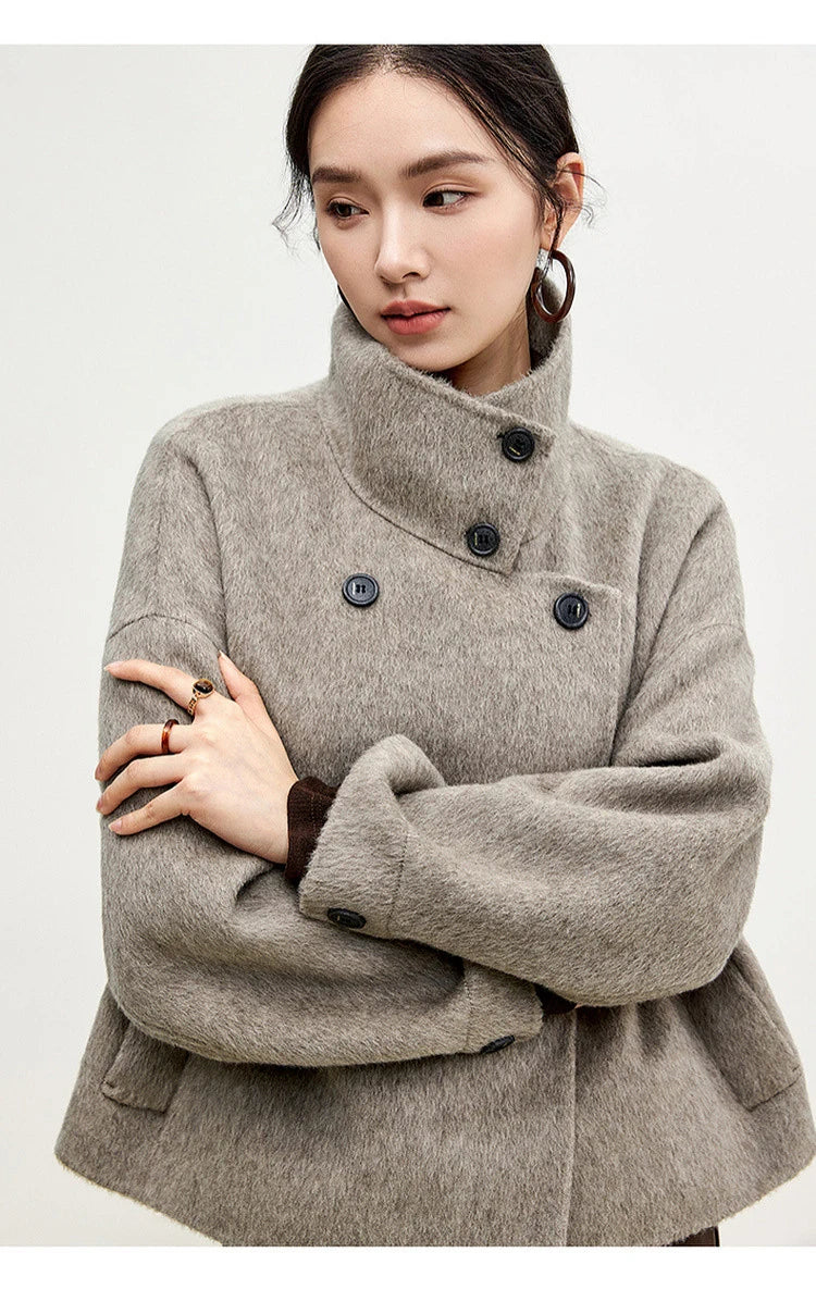 SENTUBILA 100% Wool Coat For Women Winter Jackets 2025 Stand Turtleneck Double Sided Short Outerwears Female Clothes