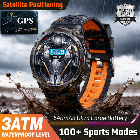 2025 Outdoor Military Smart Watch – Built-in GPS, Compass, Altimeter, Barometer, 3ATM Waterproof Rugged AMOLED Smartwatch with Bluetooth Call