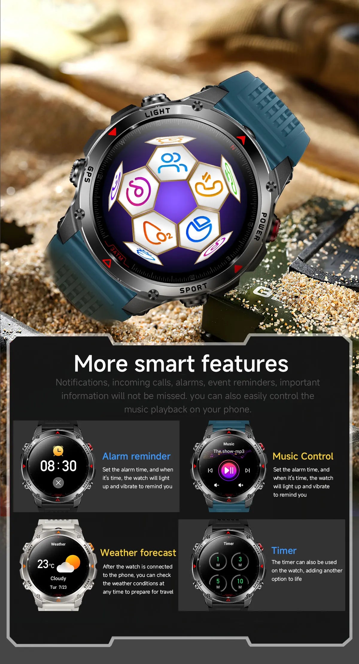 2025 Outdoor Military Smart Watch – Built-in GPS, Compass, Altimeter, Barometer, 3ATM Waterproof Rugged AMOLED Smartwatch with Bluetooth Call