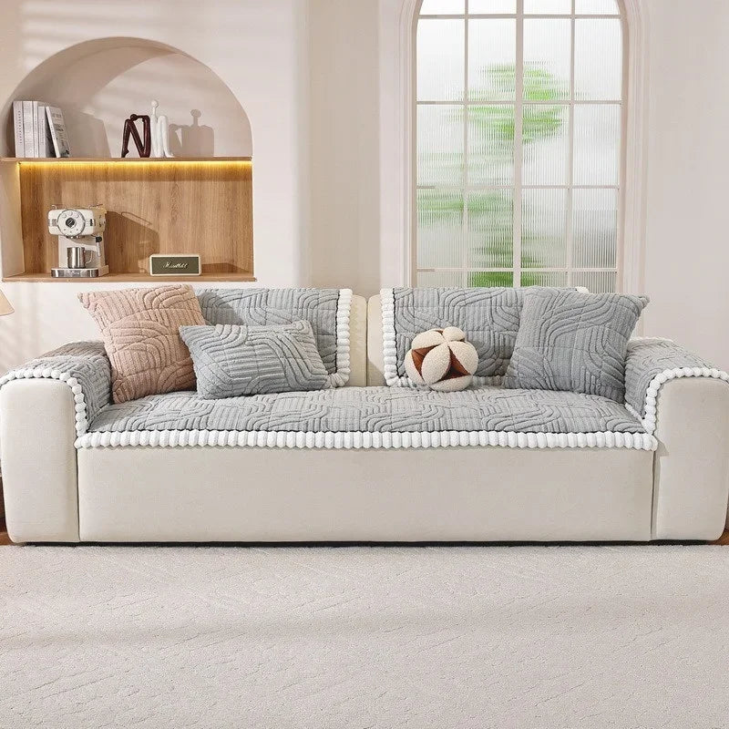 Thicken Plush Sofa Cover Winter Warm Non-slip Straight Couch Cushion Protector Cream Style Couch Slipcovers for Living Room