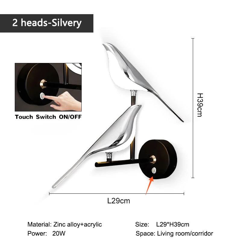 Nordic Touch Switch LED Wall Lamps for Bedside TV Background Gold Silver Magpie Bird  LED Wall Lights Wall Sconce for Corridor