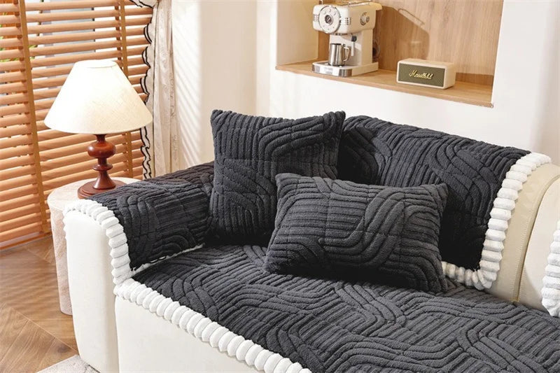 Thicken Plush Sofa Cover Winter Warm Non-slip Straight Couch Cushion Protector Cream Style Couch Slipcovers for Living Room
