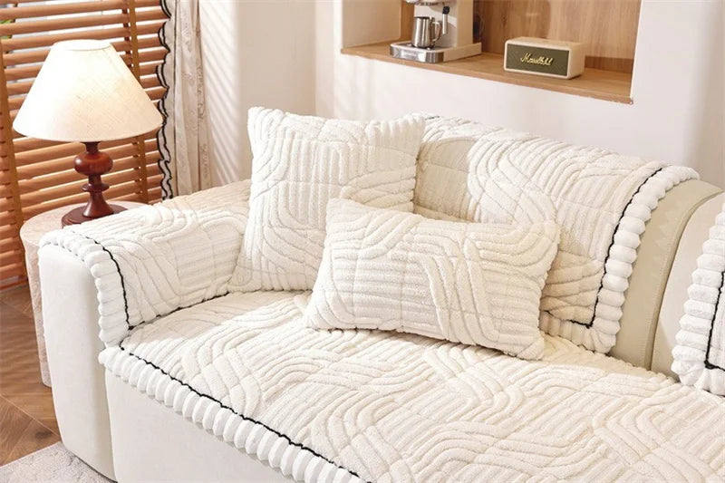 Thicken Plush Sofa Cover Winter Warm Non-slip Straight Couch Cushion Protector Cream Style Couch Slipcovers for Living Room