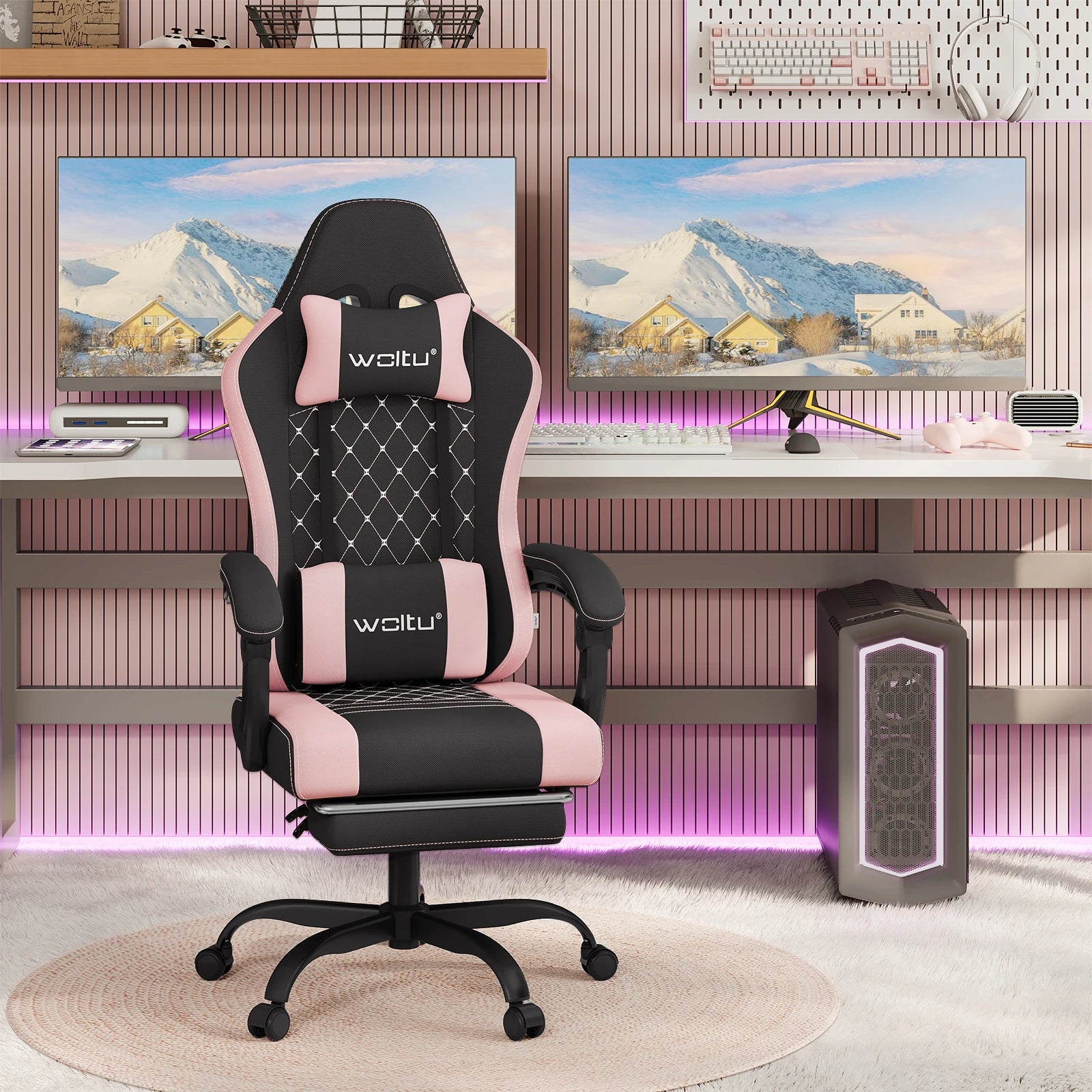 WOLTU Massage Gaming Chair Ergonomic Swivel Computer Gamer Office Chair with Pillow Footrest Adjustable Headrest Lumbar Support