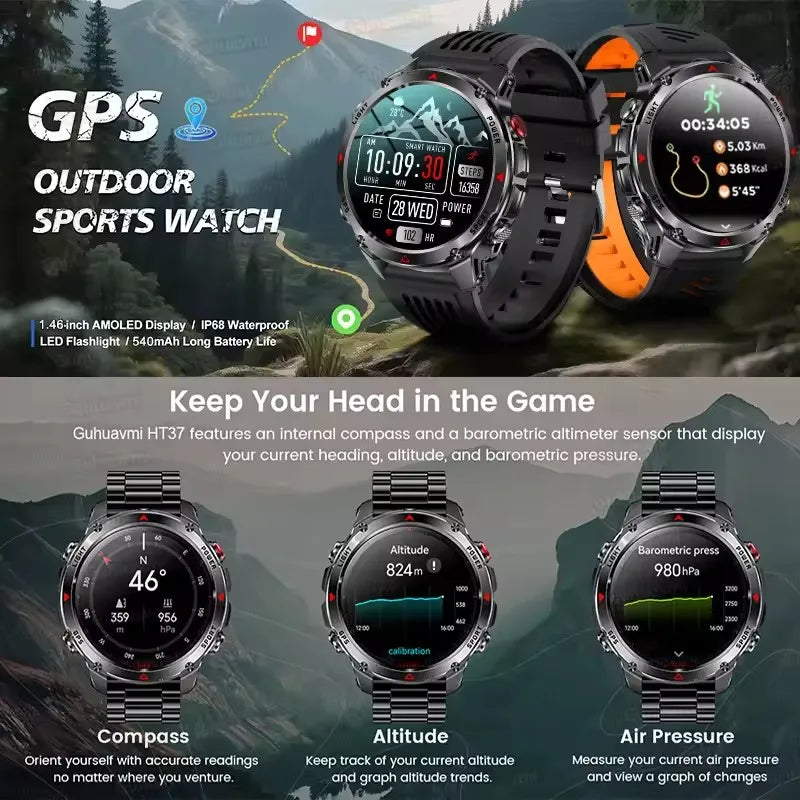 2025 Outdoor Military Smart Watch – Built-in GPS, Compass, Altimeter, Barometer, 3ATM Waterproof Rugged AMOLED Smartwatch with Bluetooth Call