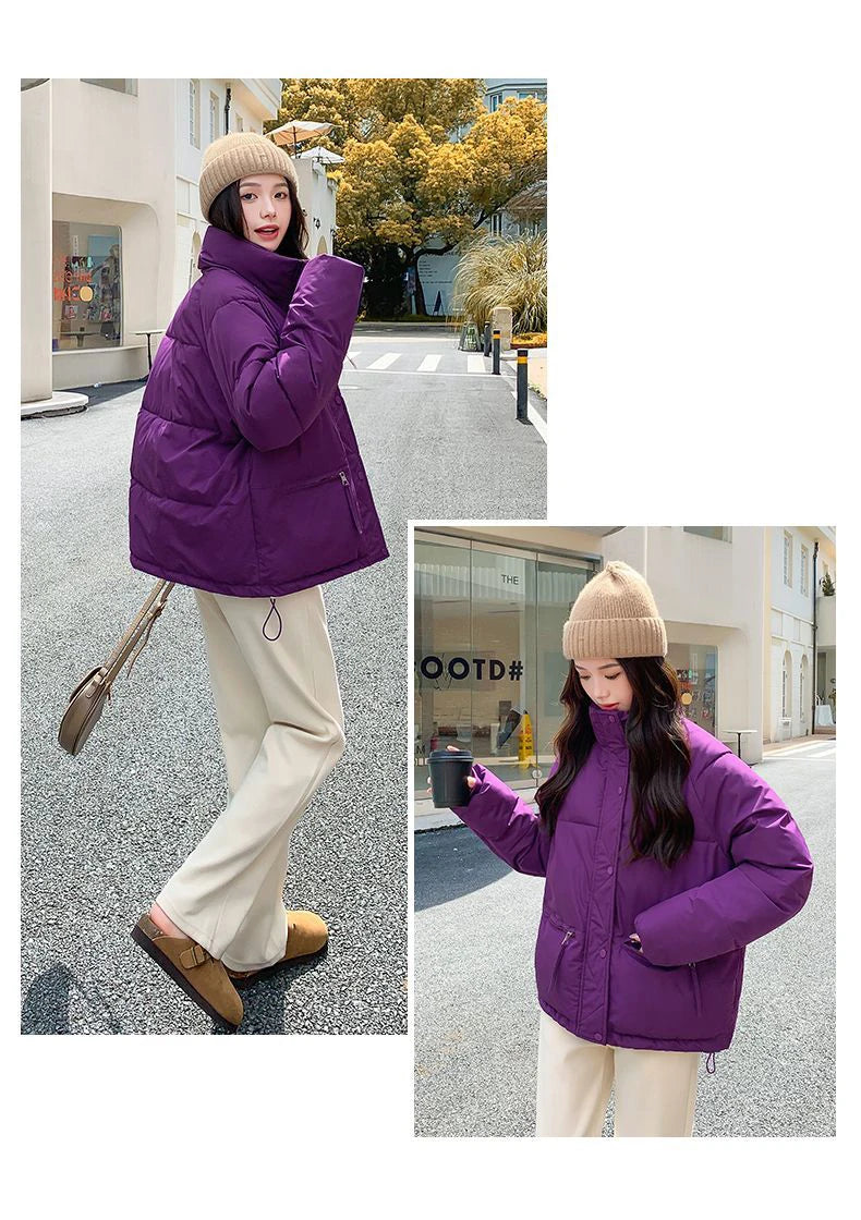 Women’s Short Standing Collar Puffer Jacket – Winter Warm Cotton-Padded Down Coat Fashion Bakery Parka Outerwear