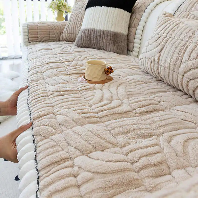 Thicken Plush Sofa Cover Winter Warm Non-slip Straight Couch Cushion Protector Cream Style Couch Slipcovers for Living Room