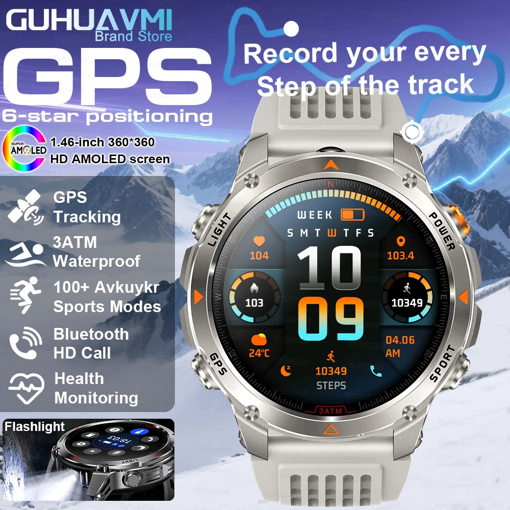2025 Outdoor Military Smart Watch – Built-in GPS, Compass, Altimeter, Barometer, 3ATM Waterproof Rugged AMOLED Smartwatch with Bluetooth Call