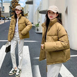 Women’s Short Standing Collar Puffer Jacket – Winter Warm Cotton-Padded Down Coat Fashion Bakery Parka Outerwear