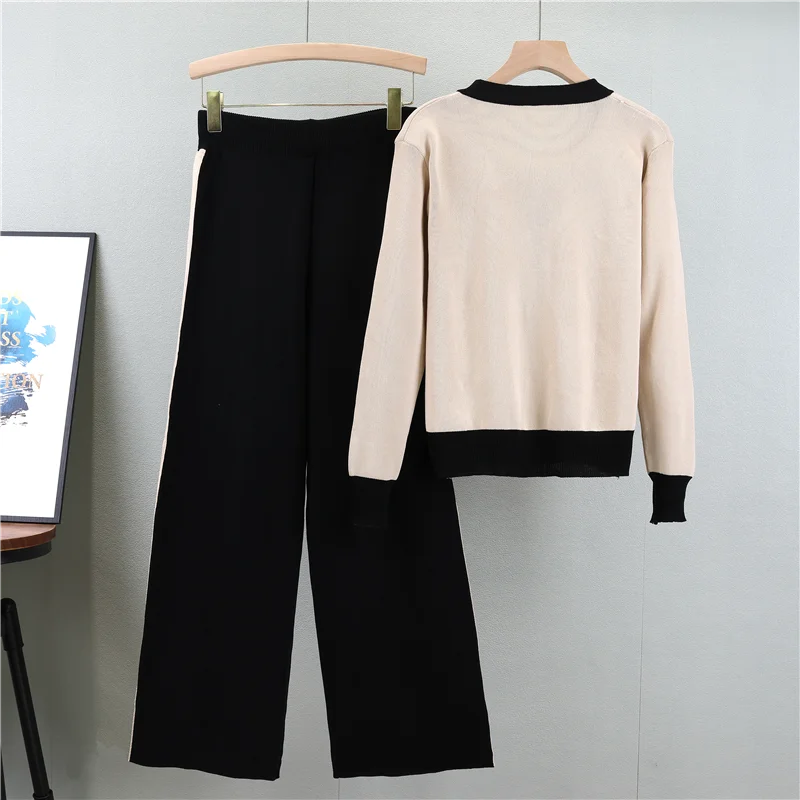 Women’s Knitted 2-Piece Sweater Set – Soft V-Neck Cardigan & Wide-Leg Pants Autumn Winter Outfit