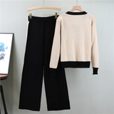 Women’s Knitted 2-Piece Sweater Set – Soft V-Neck Cardigan & Wide-Leg Pants Autumn Winter Outfit