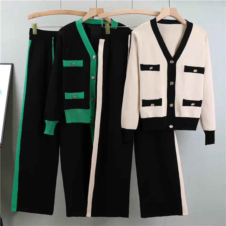 Women’s Knitted 2-Piece Sweater Set – Soft V-Neck Cardigan & Wide-Leg Pants Autumn Winter Outfit