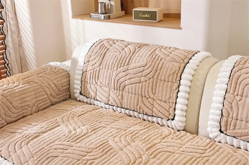 Thicken Plush Sofa Cover Winter Warm Non-slip Straight Couch Cushion Protector Cream Style Couch Slipcovers for Living Room