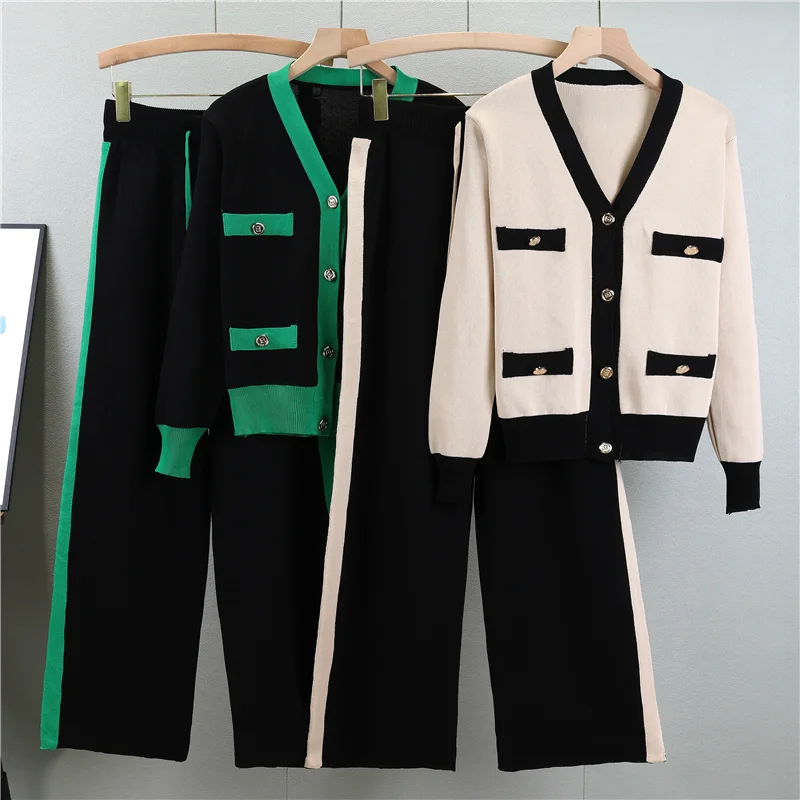 Women’s Knitted 2-Piece Sweater Set – Soft V-Neck Cardigan & Wide-Leg Pants Autumn Winter Outfit