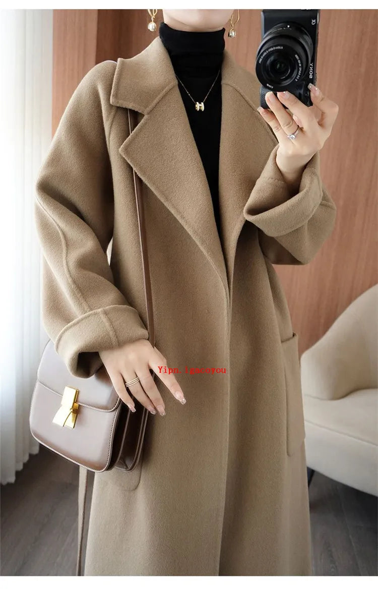 100% Pure Wool Double-Sided Cashmere Coat Women Winter New Mid-Length Loose Fashion Pockets Woolen Jacket Female Overcoat B551