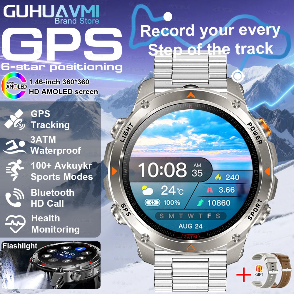 2025 Outdoor Military Smart Watch – Built-in GPS, Compass, Altimeter, Barometer, 3ATM Waterproof Rugged AMOLED Smartwatch with Bluetooth Call