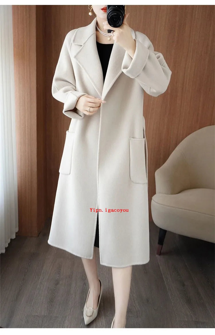 100% Pure Wool Double-Sided Cashmere Coat Women Winter New Mid-Length Loose Fashion Pockets Woolen Jacket Female Overcoat B551