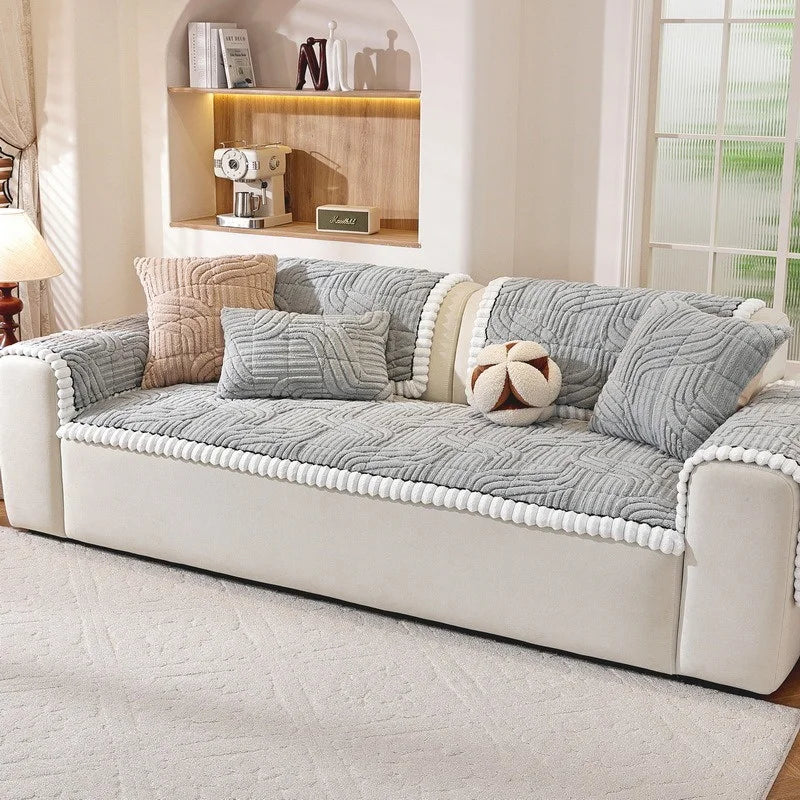 Thicken Plush Sofa Cover Winter Warm Non-slip Straight Couch Cushion Protector Cream Style Couch Slipcovers for Living Room