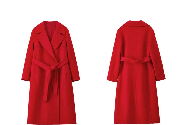 SENTUBILA Women 100% Wool Long Wrap Coat 2025 Elegant Notched Collar Belted Warm Double Faced Woolen Winter Overcoat W24O43352