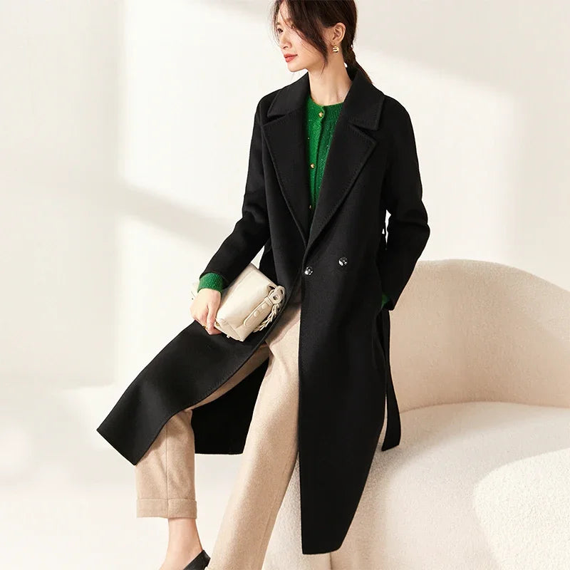 SENTUBILA Women 100% Wool Long Wrap Coat 2025 Elegant Notched Collar Belted Warm Double Faced Woolen Winter Overcoat W24O43352