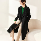 SENTUBILA Women 100% Wool Long Wrap Coat 2025 Elegant Notched Collar Belted Warm Double Faced Woolen Winter Overcoat W24O43352