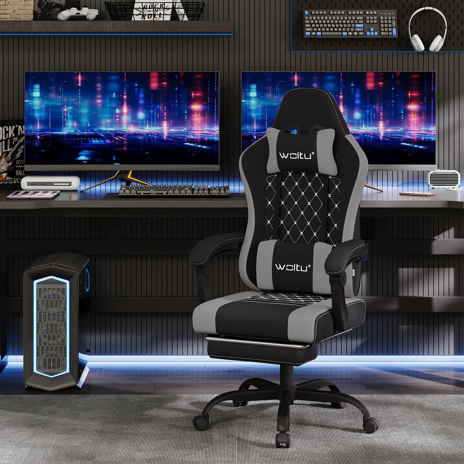 WOLTU Massage Gaming Chair Ergonomic Swivel Computer Gamer Office Chair with Pillow Footrest Adjustable Headrest Lumbar Support