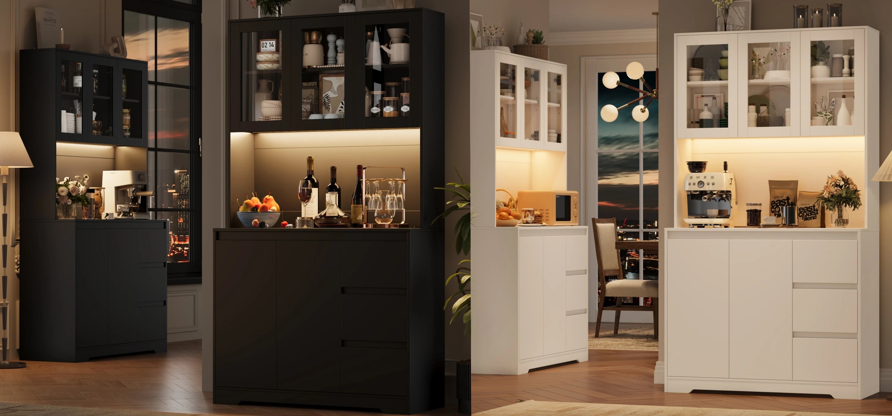 Getone Kitchen Buffet with LED, Kitchen wardrobe Buffet wardrobe with 3 Drawer sockets Bar Adjustable Shelf 100x38.5x180cm