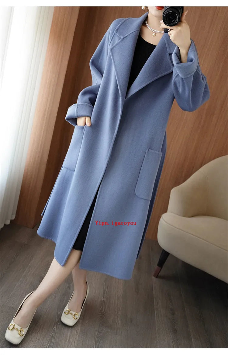 100% Pure Wool Double-Sided Cashmere Coat Women Winter New Mid-Length Loose Fashion Pockets Woolen Jacket Female Overcoat B551