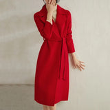 SENTUBILA Women 100% Wool Long Wrap Coat 2025 Elegant Notched Collar Belted Warm Double Faced Woolen Winter Overcoat W24O43352