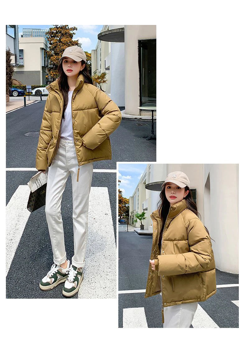 Women’s Short Standing Collar Puffer Jacket – Winter Warm Cotton-Padded Down Coat Fashion Bakery Parka Outerwear